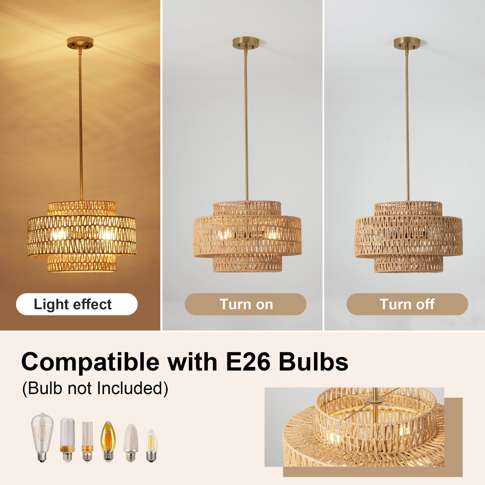 17.7-Inch Brown Rattan 4-Light Chandelier — Restaurant Dining — view 4