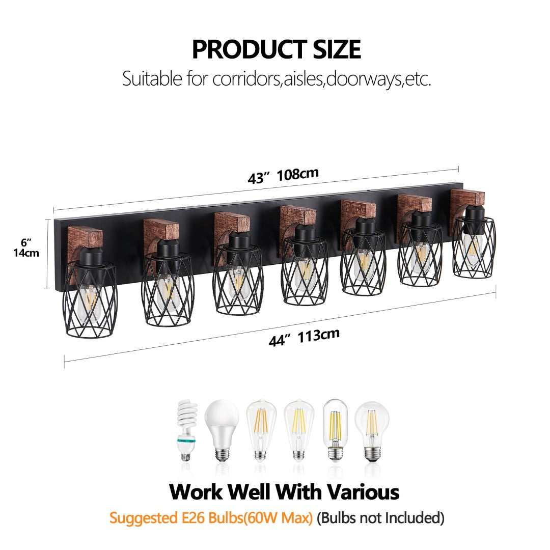 Black Cage 7-Light Wall Sconce with Wood Accents for Restaurant Hallways — view 10
