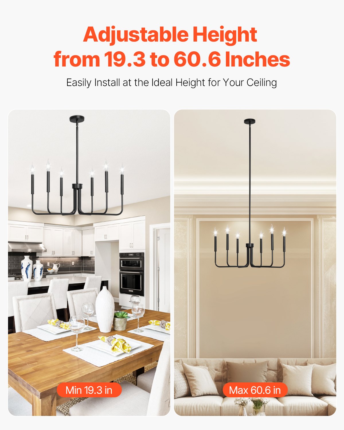 6-Light Black Farmhouse Chandelier — Restaurant Dining — view 3