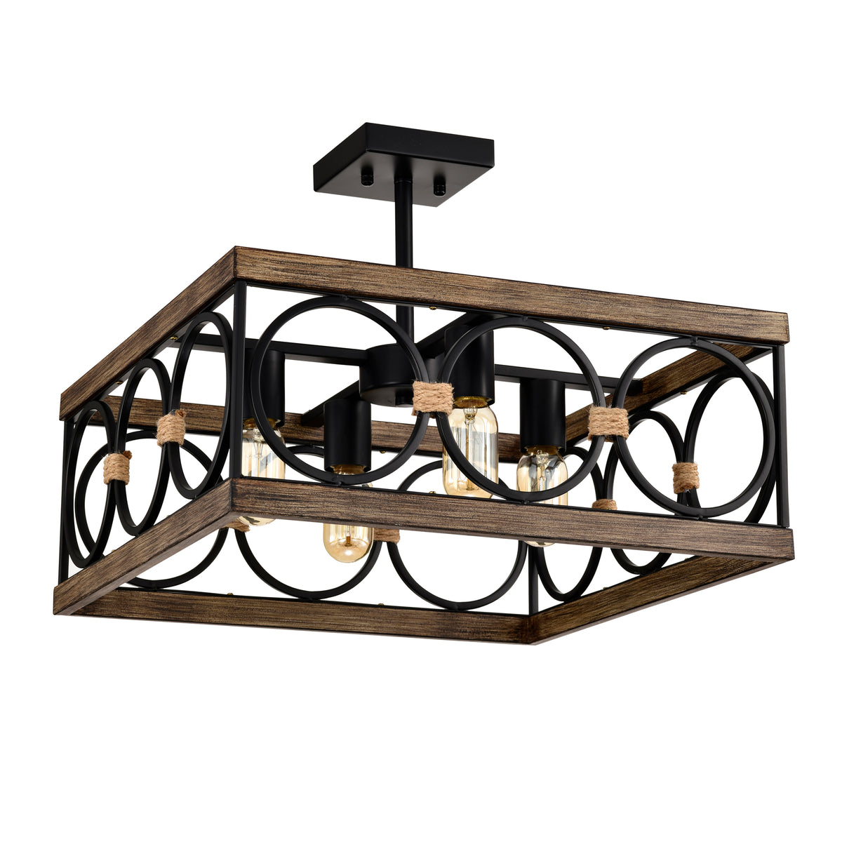 Wood and Black Metal 4-Light Square Ceiling Fixture for Restaurant Islands