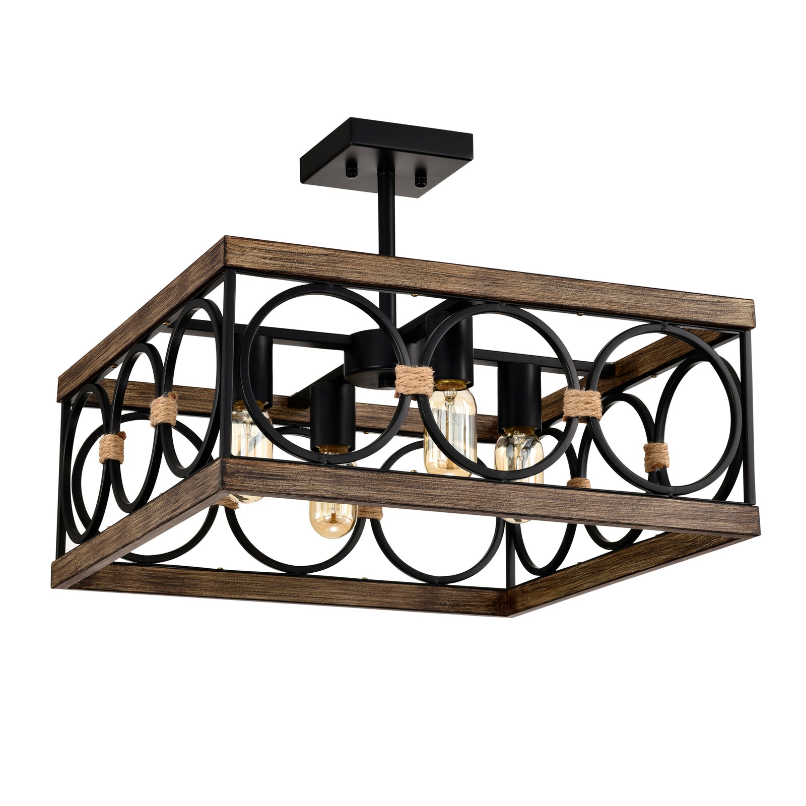 Wood and Black Metal 4-Light Square Ceiling Fixture for Restaurant Islands — view 1