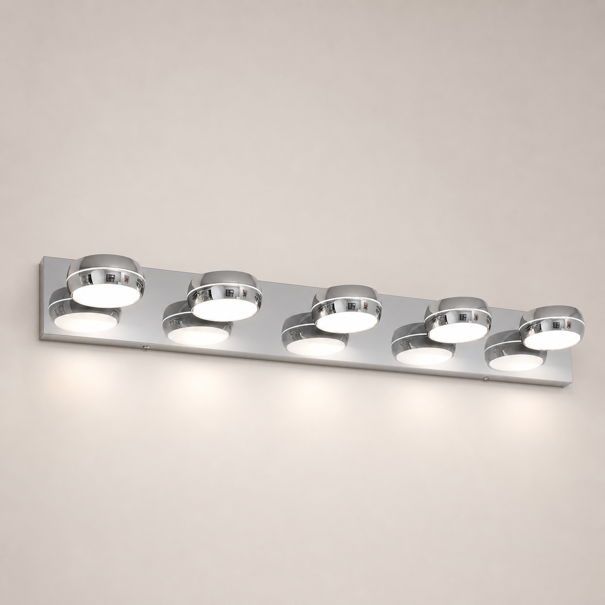 Resto Glow AI product image 2026-08-03 — clean background — 35-Inch Chrome 5-Light LED Vanity Bar for Restaurant Restrooms and Bar Mirrors