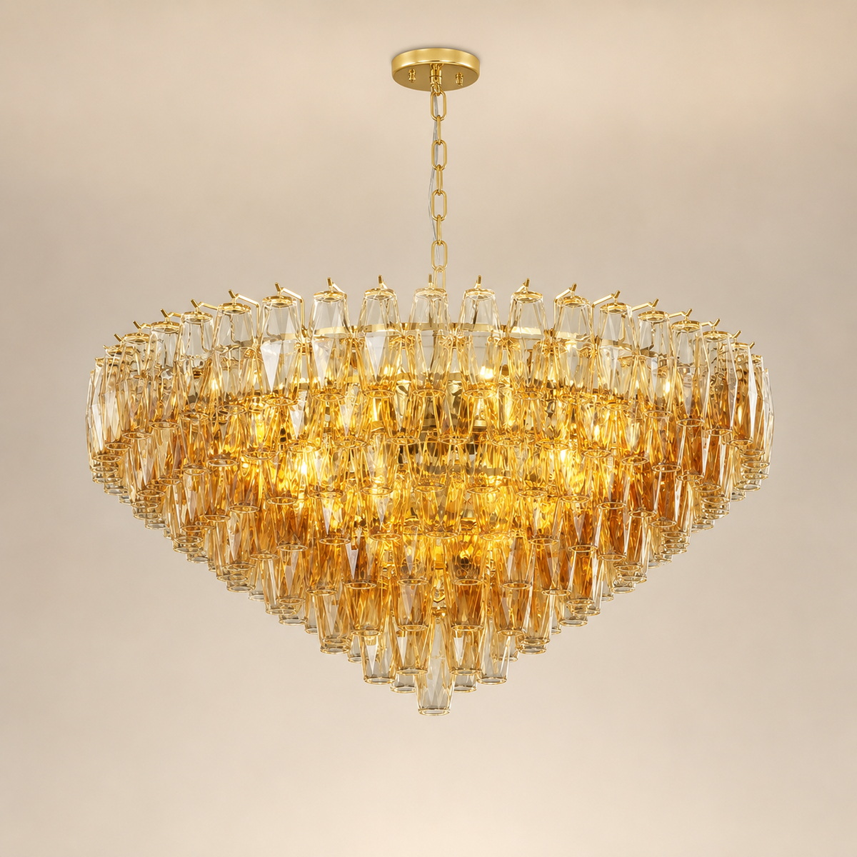 Resto Glow AI product image 2026-08-03 — clean background — 37-Inch 14-Light Gold Smoke-Glass Chandelier for Restaurant Dining Rooms and Hotel Lobbies