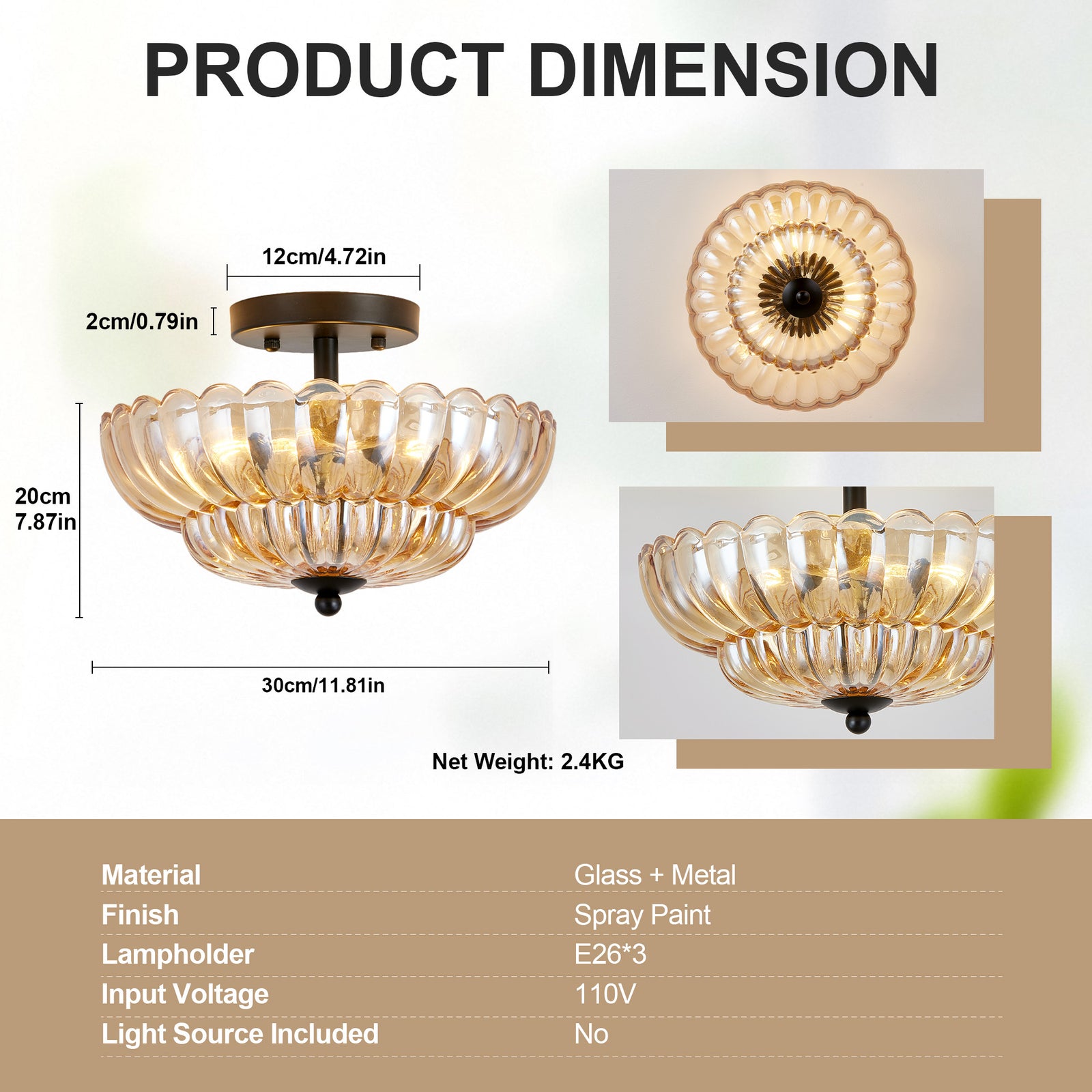 Amber-Glass 3-Bulb Flush Ceiling Light — Modern Dining Room — view 2