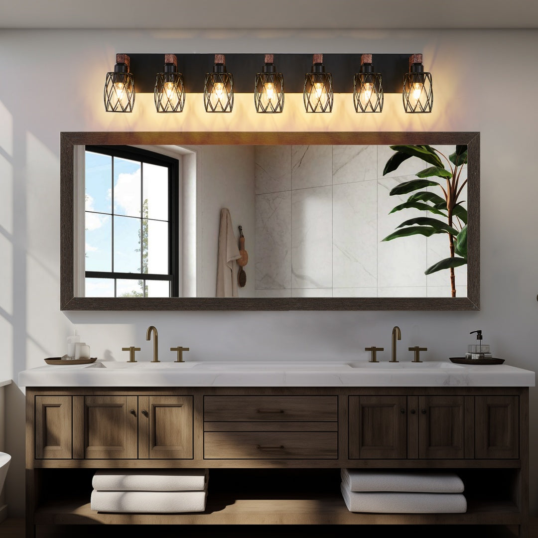 Black Cage 7-Light Wall Sconce with Wood Accents for Restaurant Hallways — view 1