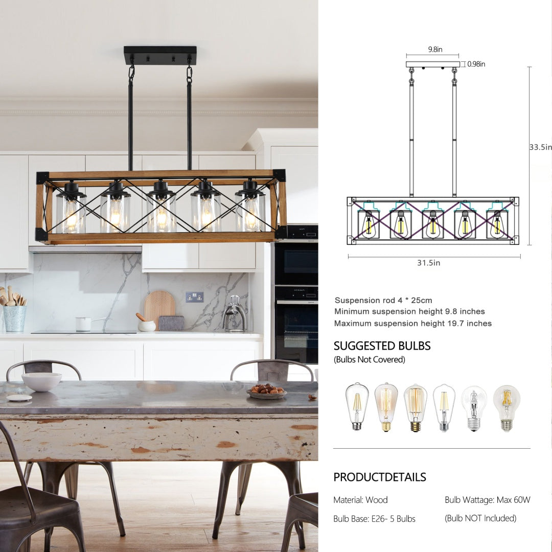 Walnut 5-Light Farmhouse Chandelier for Restaurant Dining Rooms — view 3