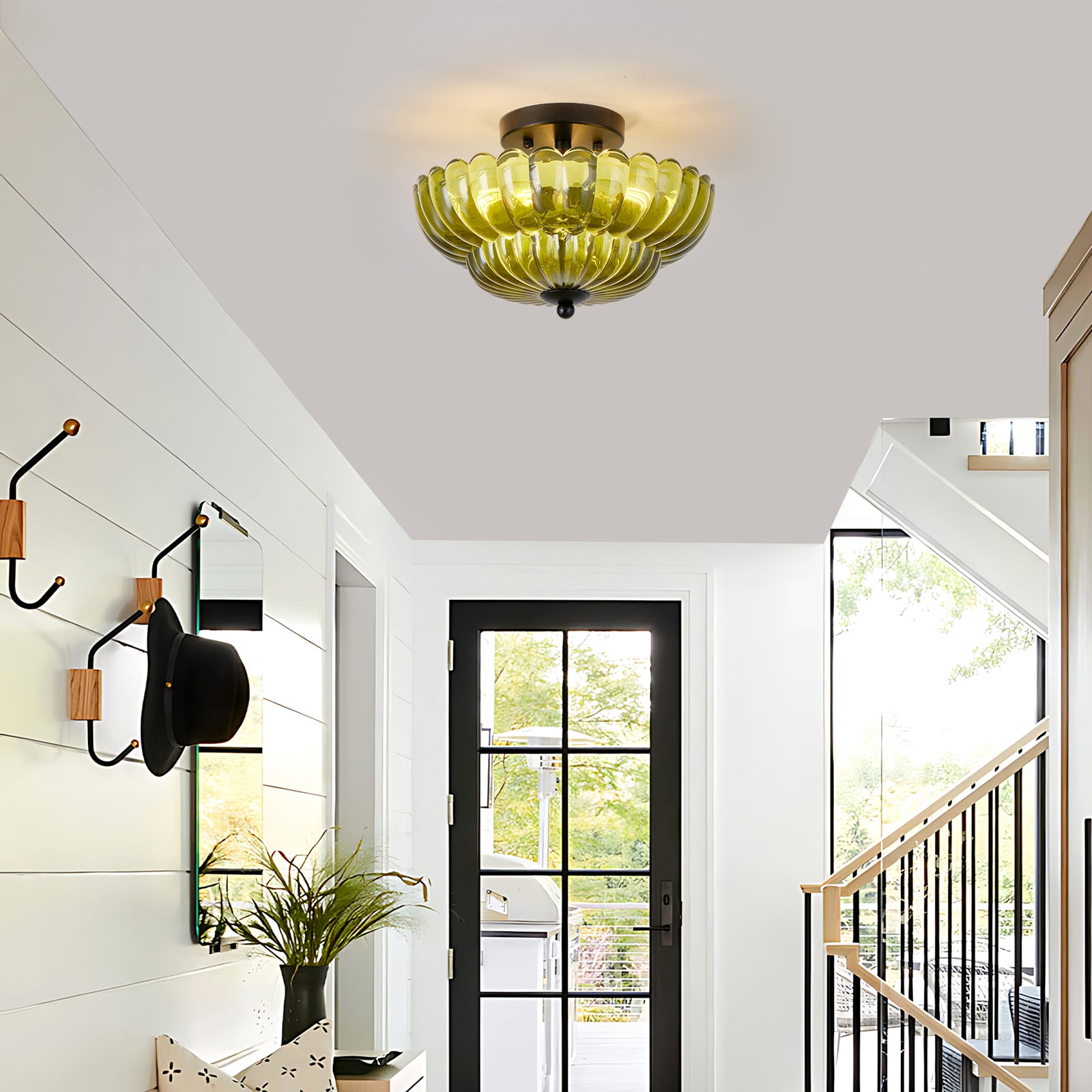 Green Glass 3-Bulb Semi-Flush Ceiling Light for Restaurant Dining Rooms — view 2