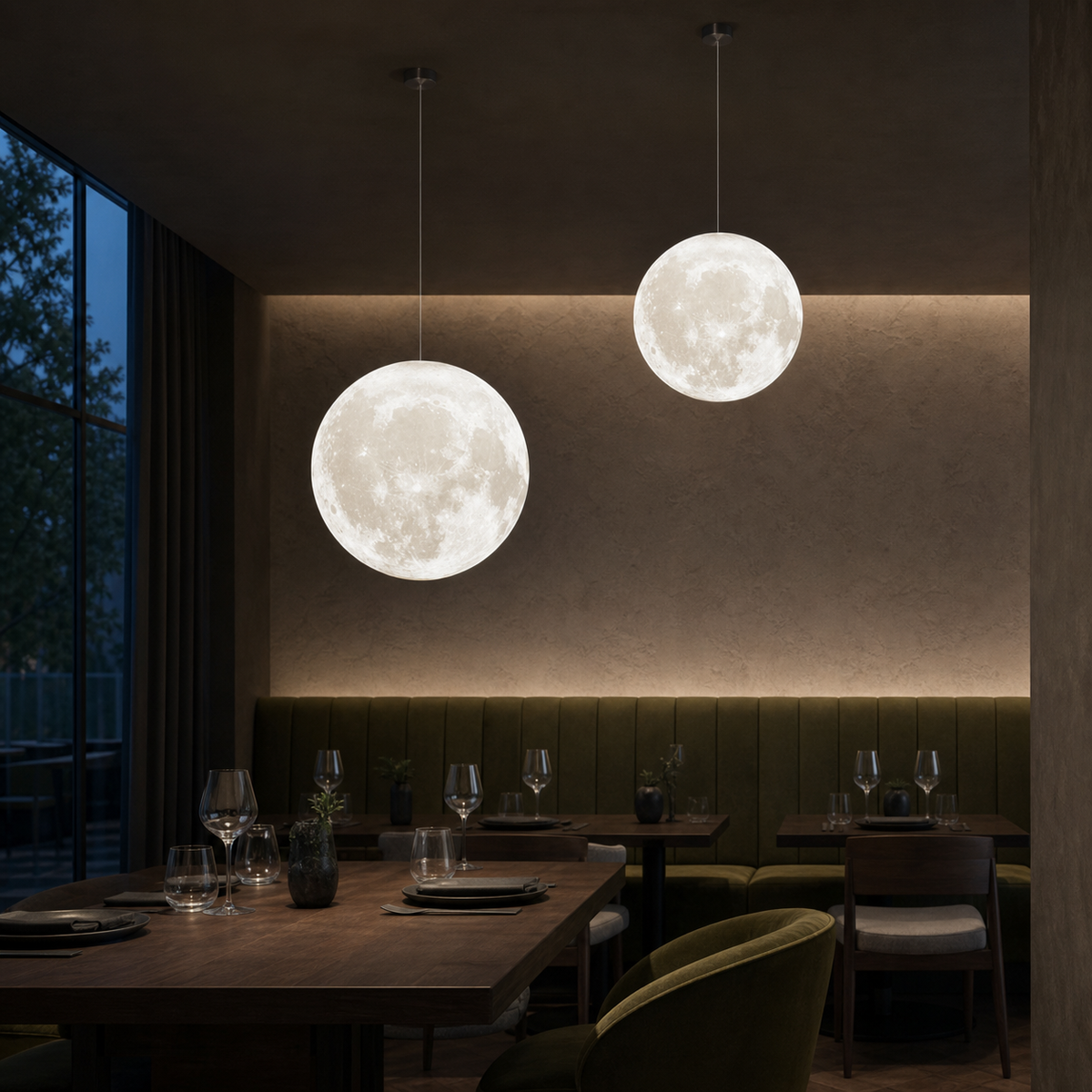 Resto Glow AI product image 2026-08-02 — restaurant view — 3D Single-Head Chandelier for Restaurant Lounges