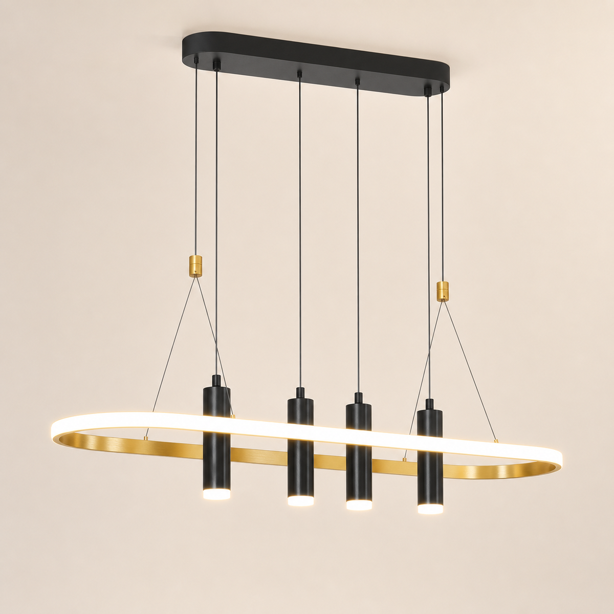 Resto Glow AI product image 2026-08-03 — clean background — 4-Light Black & Gold LED Pendant — Restaurant Dining