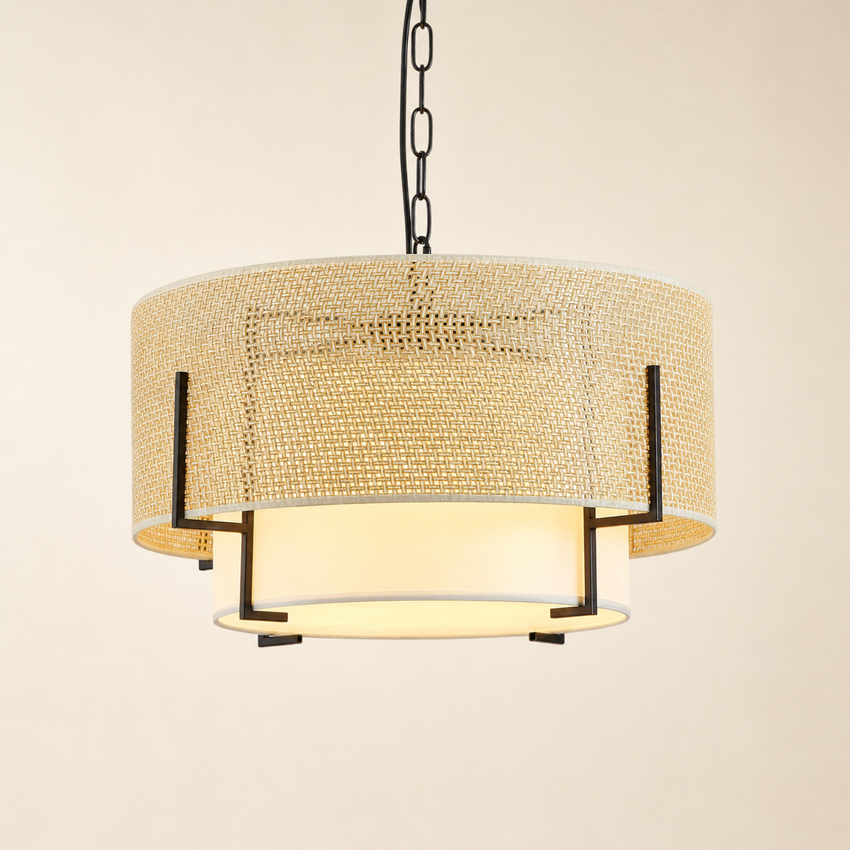 Resto Glow AI product image 2026-08-03 — clean background — 4-Light Hand-Woven Rattan Drum Chandelier with Fabric Shade for Restaurant Dining Areas