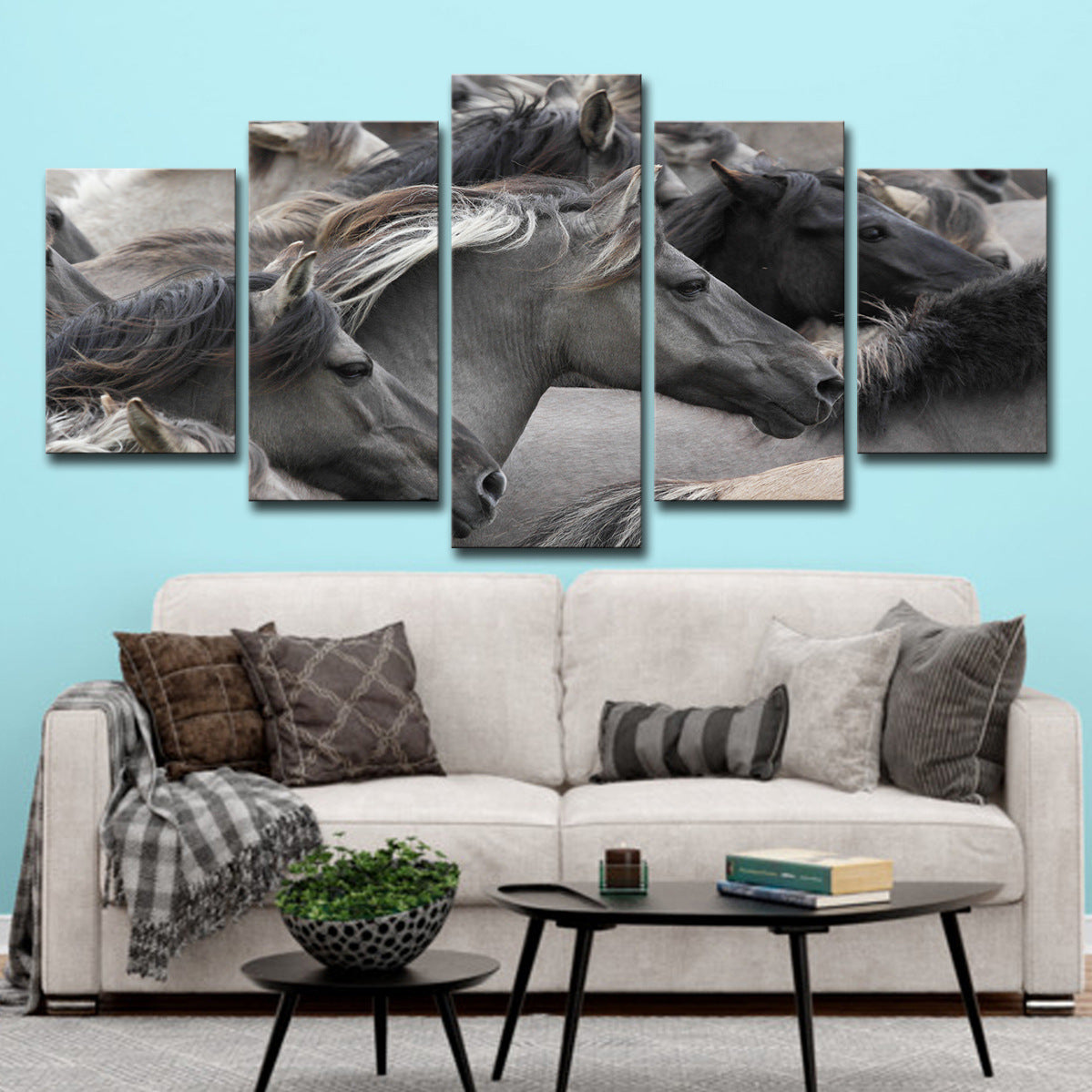 5-piece Grey And Black Horse Group Wall Art For Living Room And Bedroom Home Decor — view 4