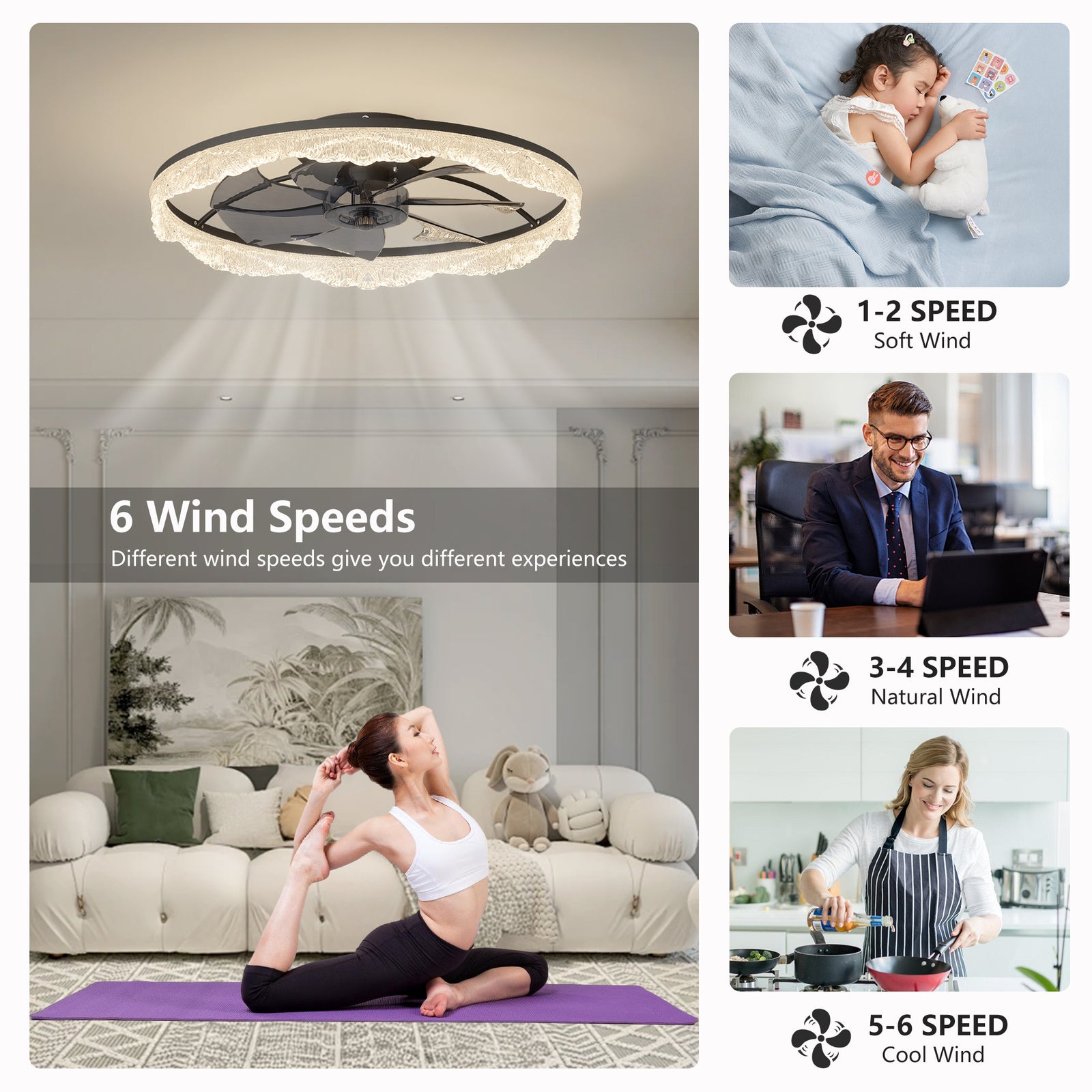 Black 24-Inch Flush Ceiling Fan Light — Quiet Restaurant Dining — view 4