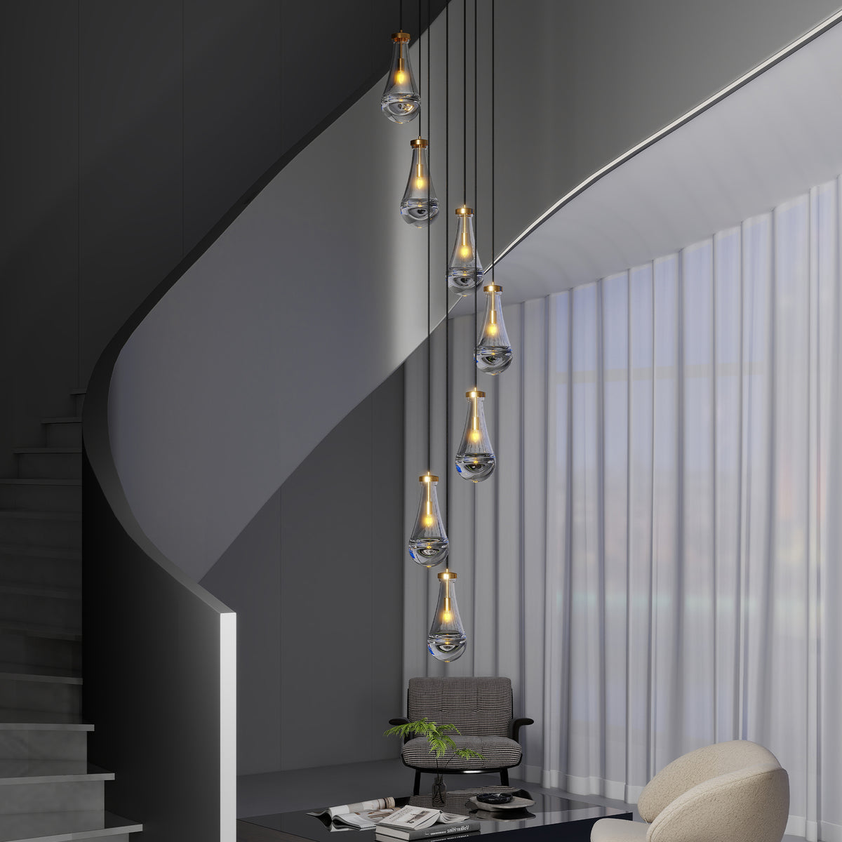 Seven-Light Brass Linear Pendant Chandelier for Restaurant Dining Rooms