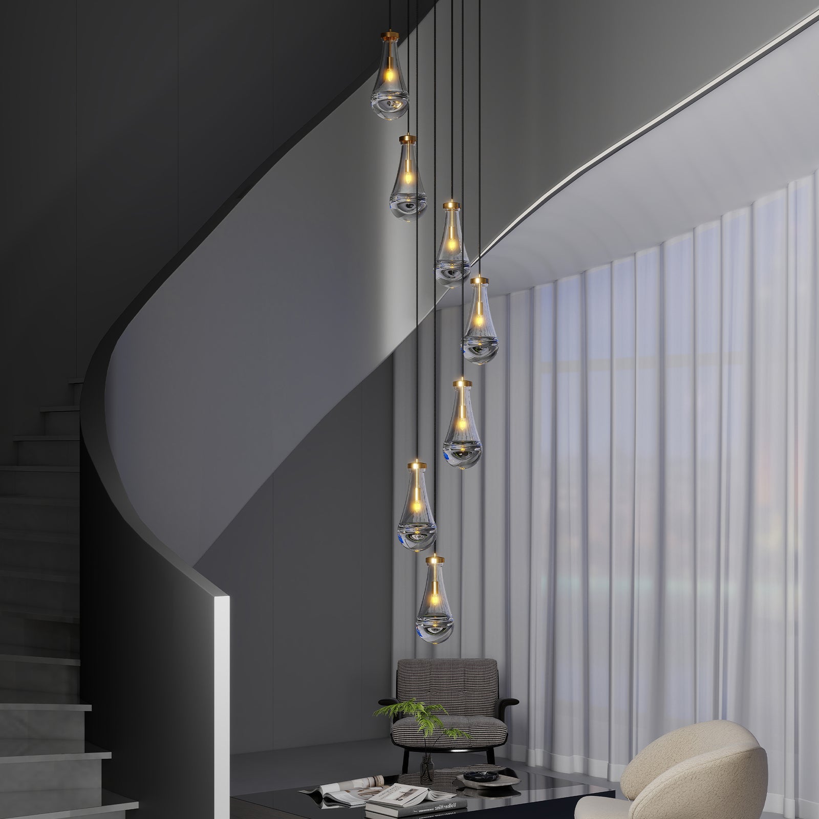 Seven-Light Brass Linear Pendant Chandelier for Restaurant Dining Rooms — view 1