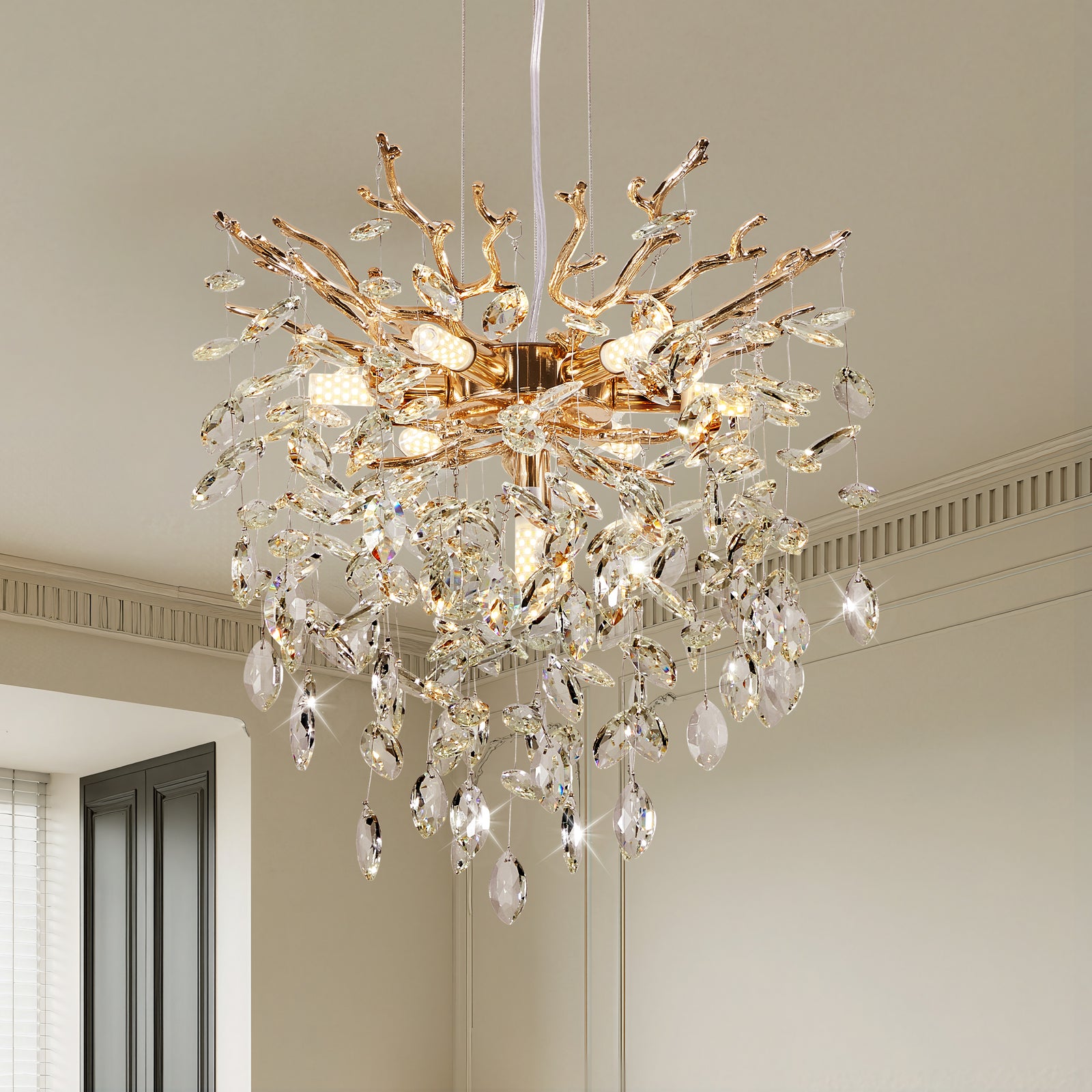 18-Inch Gold Tree-Branch 7-Light Crystal Chandelier for Restaurant Dining Rooms — view 1