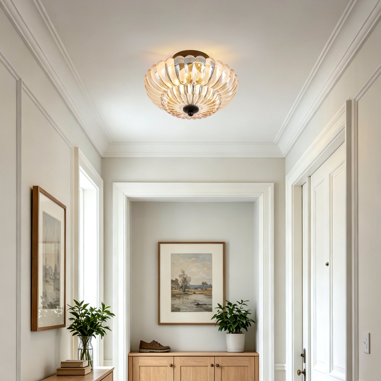 Amber-Glass 3-Bulb Flush Ceiling Light — Modern Dining Room — view 3