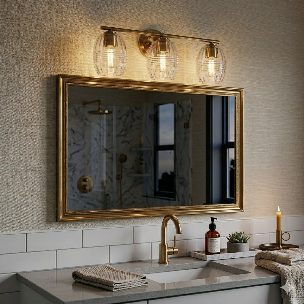 Satin Brass 3-Light Clear Glass Vanity Wall Lamp for Restaurant Restrooms — view 2