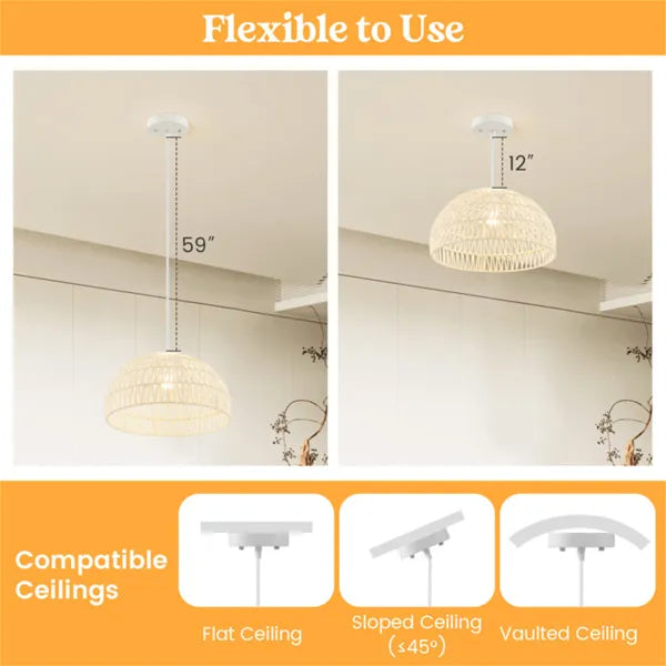 Height-Adjustable Farmhouse Rattan Pendant for Restaurant Dining Tables — view 2
