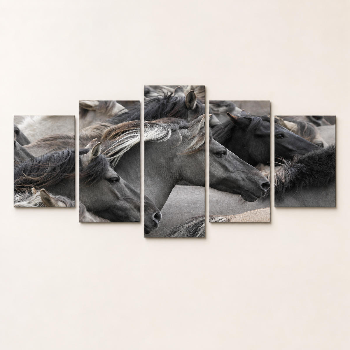 Resto Glow AI product image 2026-08-03 — clean background — Five-Piece Black Horse Restaurant Wall Art