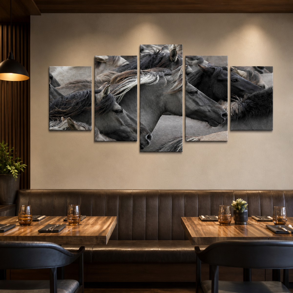 Resto Glow AI product image 2026-08-03 — restaurant view — Five-Piece Black Horse Restaurant Wall Art