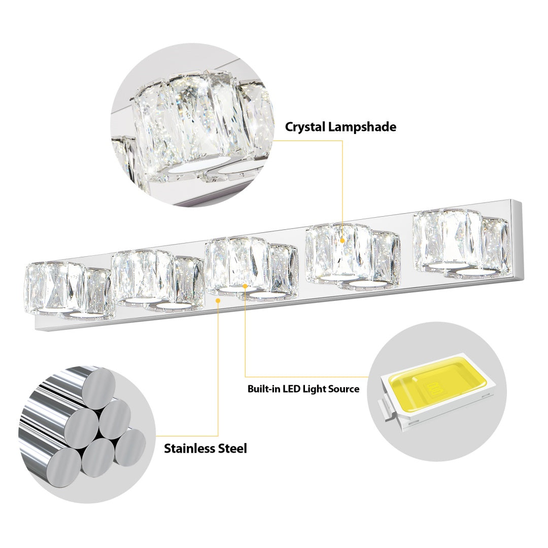 Chrome 5-Light LED Crystal Wall Sconce for Restaurant Restrooms and Hallways — view 8