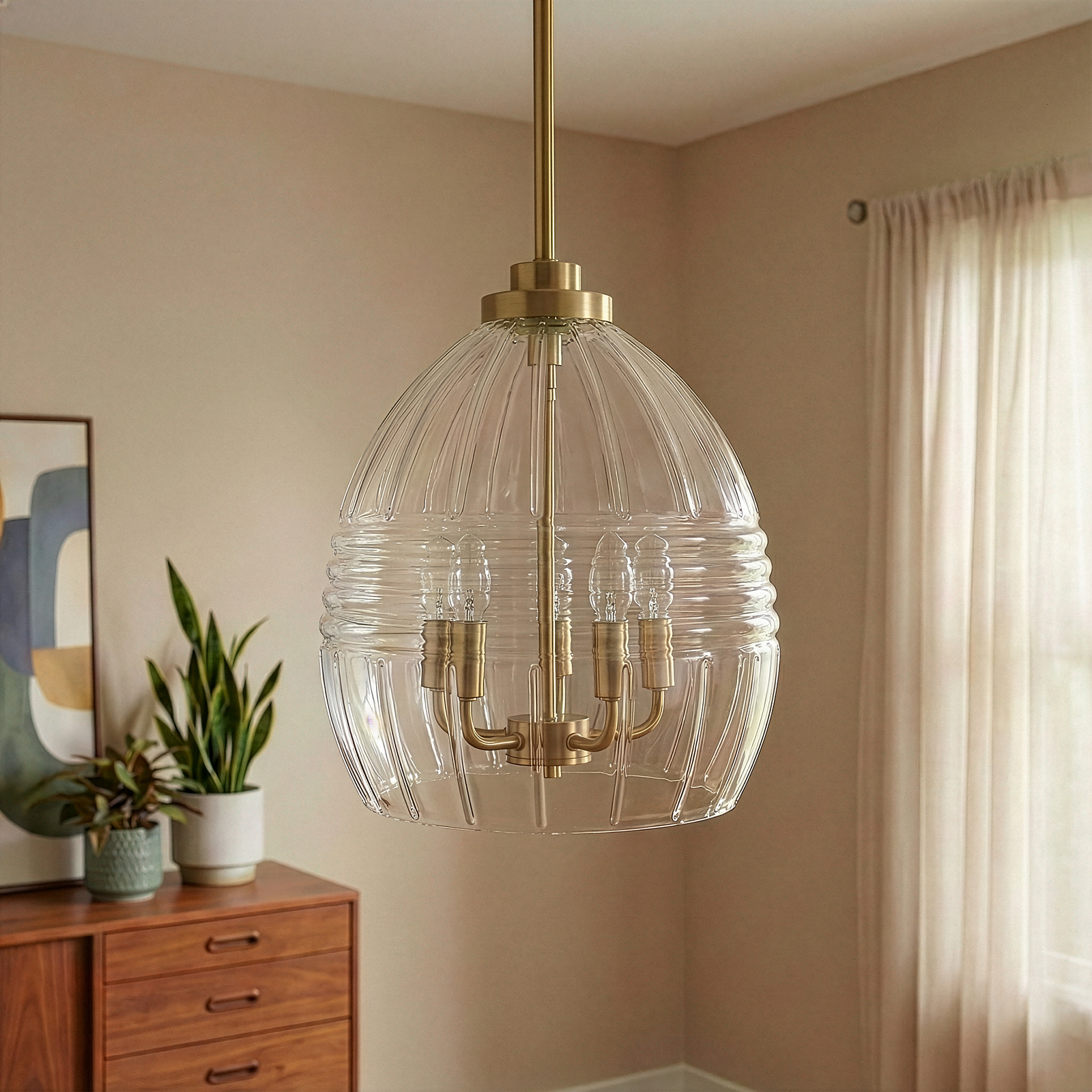 Zen Satin Brass 5-Light Clear Glass Pendant for Restaurant Dining Tables — view 5