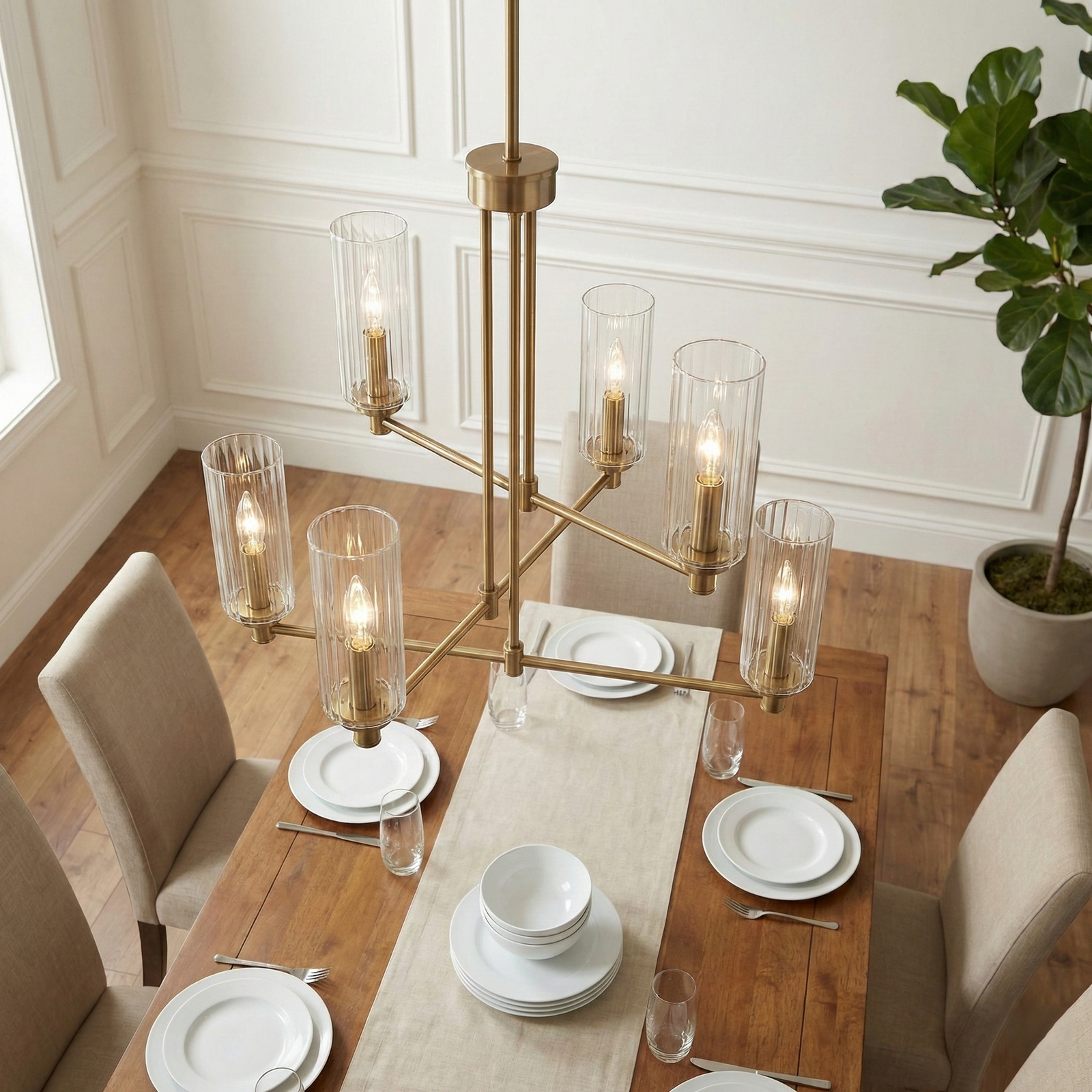 Satin Brass 6-Light Ribbed Glass Chandelier for Restaurant Dining Rooms — view 2