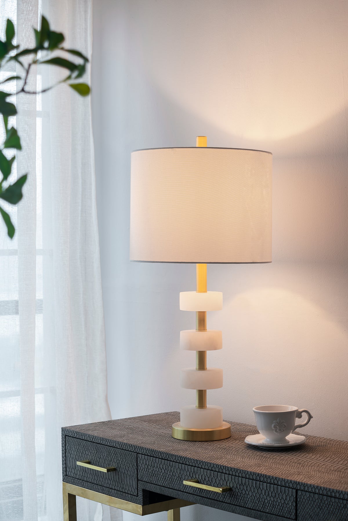 White Marble & Gold Table Lamp — 26-Inch Dining Room Statement