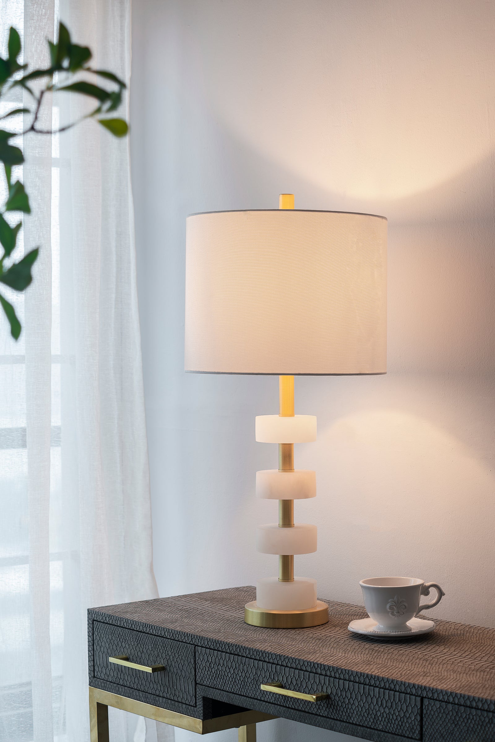 White Marble & Gold Table Lamp — 26-Inch Dining Room Statement — view 1