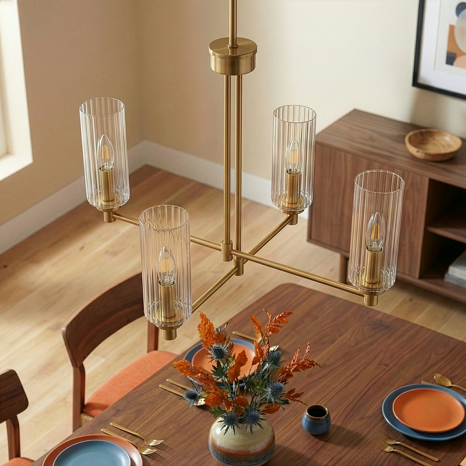 Satin Brass 4-Light Ribbed Glass Chandelier for Restaurant Dining Tables — view 5