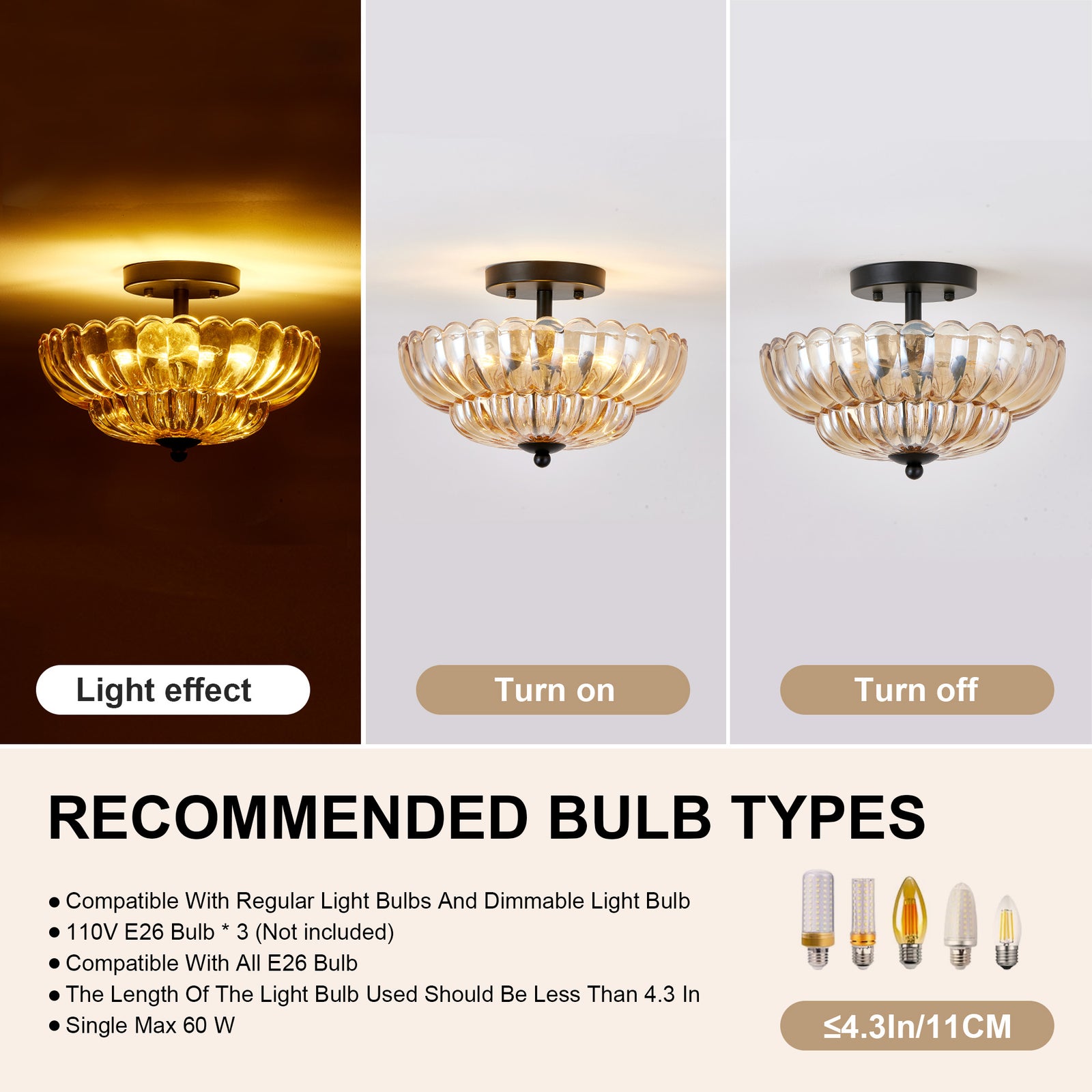 Amber-Glass 3-Bulb Flush Ceiling Light — Modern Dining Room — view 4
