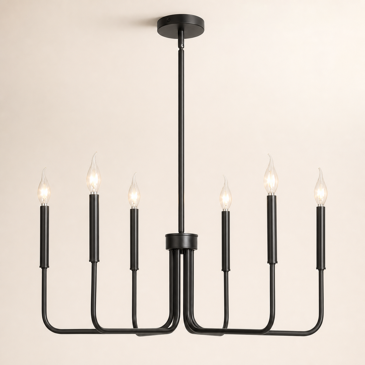 Resto Glow AI product image 2026-08-03 — clean background — 6-Light Black Farmhouse Chandelier — Restaurant Dining