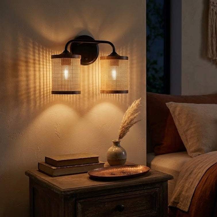 Black Rattan Double-Light Wall Sconce for Restaurant Dining Areas — view 3