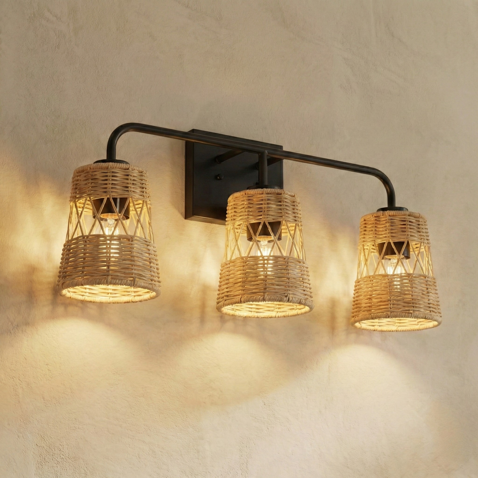 Three-Light Rattan Shade Wall Sconce for Restaurant Restrooms and Dining Corridors — view 1