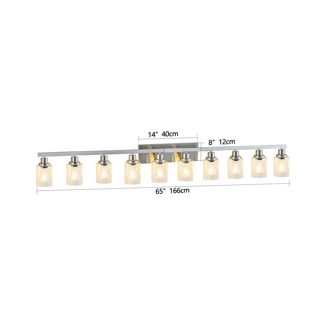 Brushed-Nickel 10-Light Clear-Glass Vanity — Restaurant Washroom — view 2