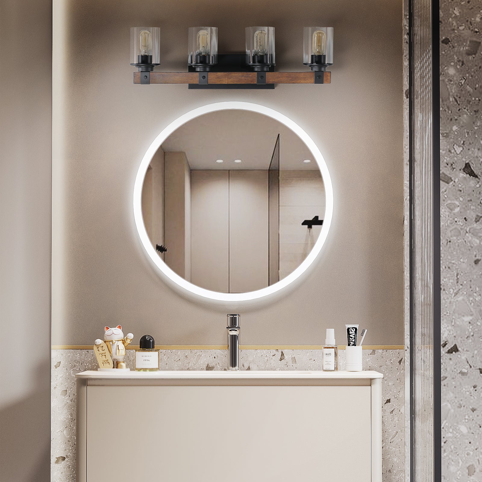 Rustic 4-Light Glass and Wood Vanity Sconce for Restaurant Restrooms — view 9