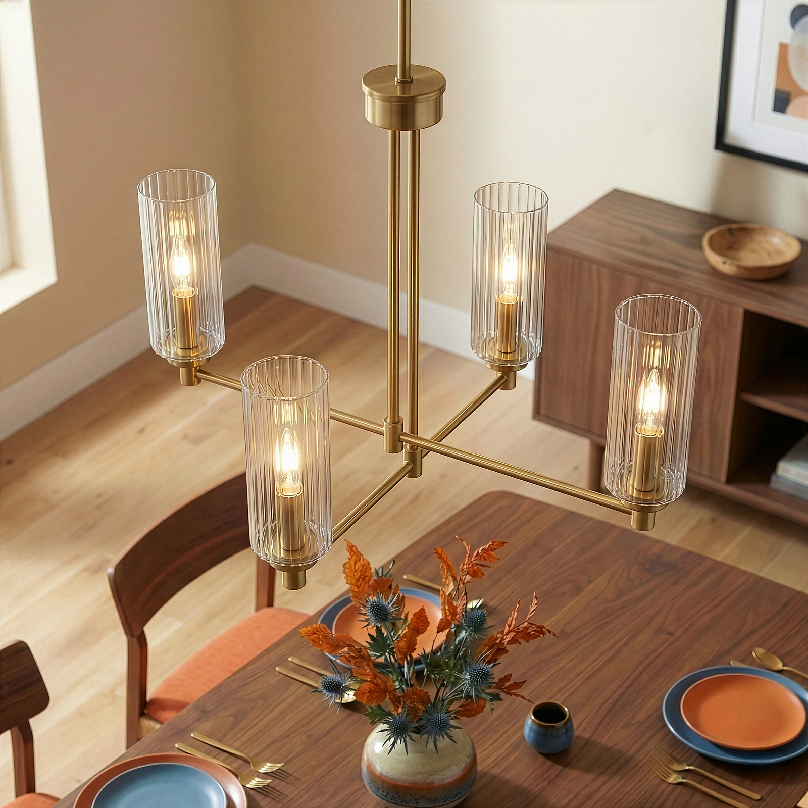 Satin Brass 4-Light Ribbed Glass Chandelier for Restaurant Dining Tables — view 1