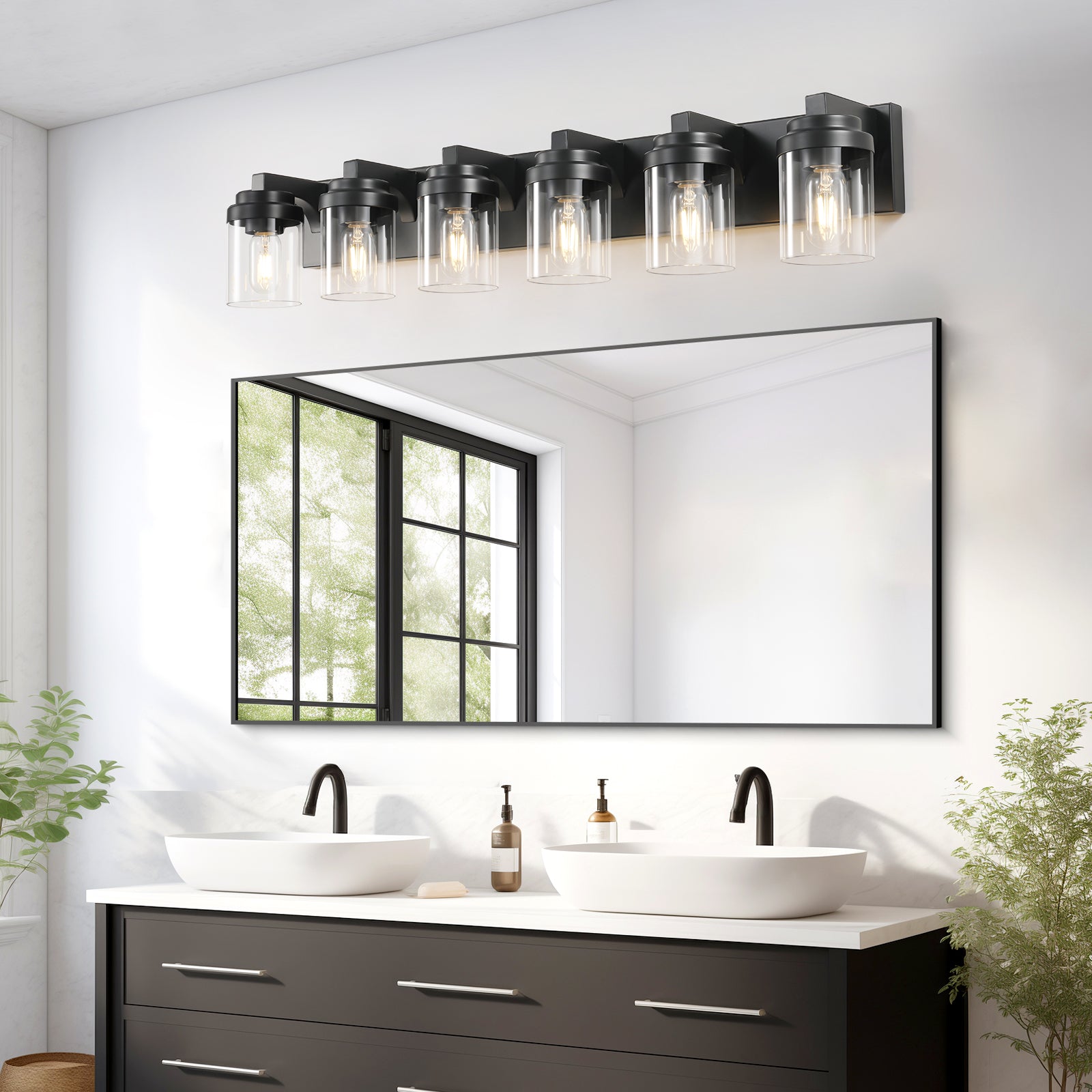Black 6-Light Clear-Glass Vanity Light — Restaurant Washroom — view 3