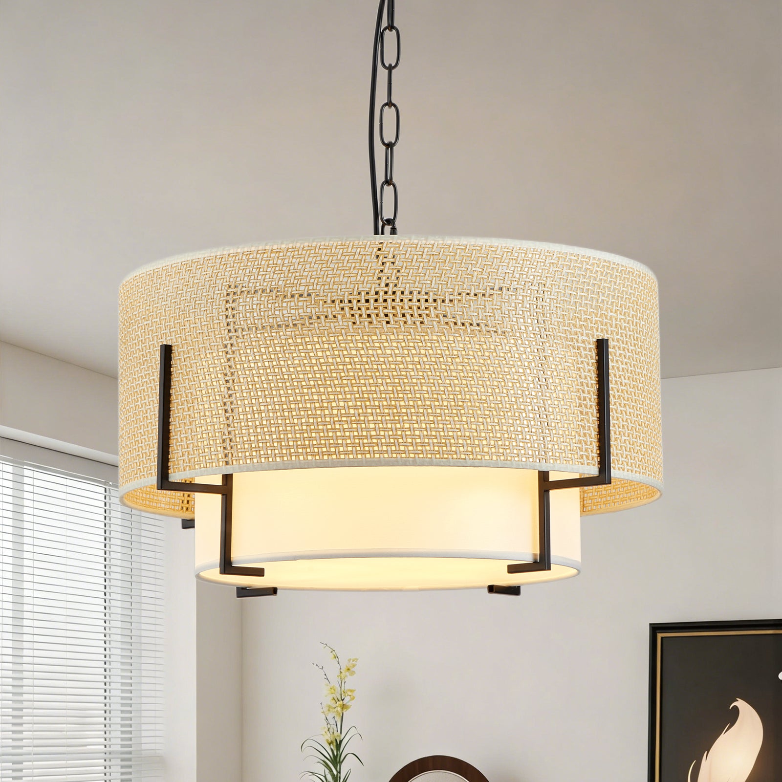 4-Light Hand-Woven Rattan Drum Chandelier with Fabric Shade for Restaurant Dining Areas — view 1