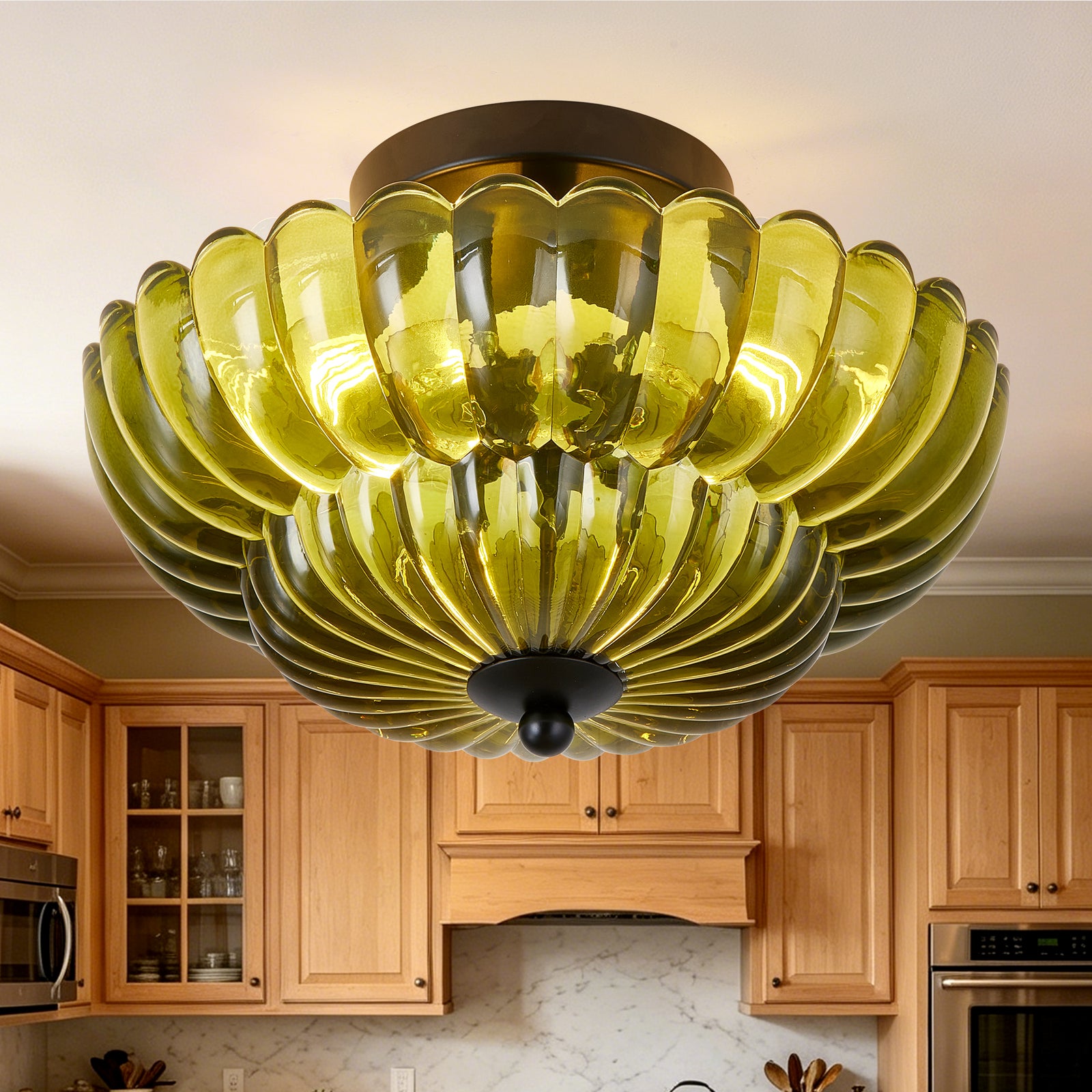 Green Glass 3-Bulb Semi-Flush Ceiling Light for Restaurant Dining Rooms — view 1