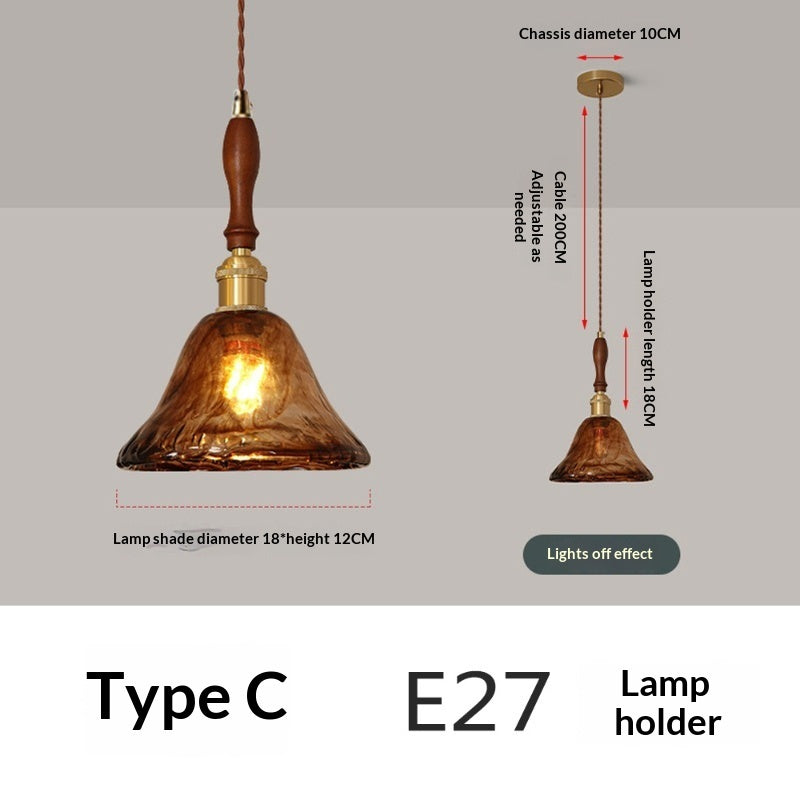 Nordic Retro Restaurant Chandelier Walnut Wood French Brass Glass Pendant Light — view 6