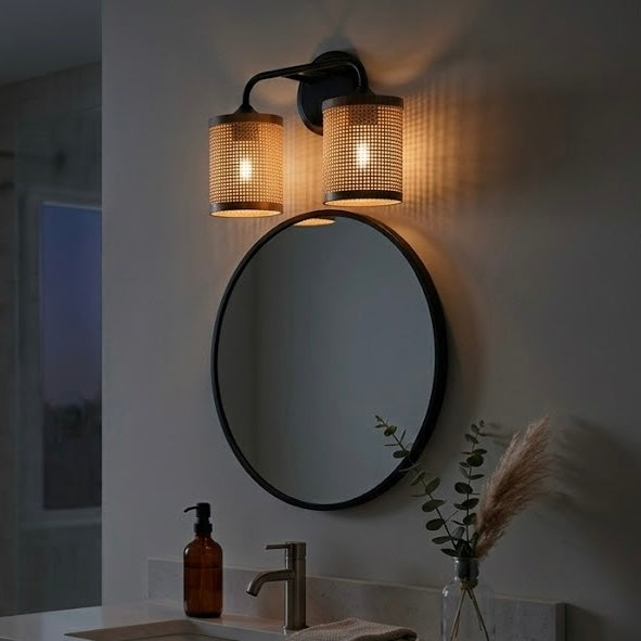Black Rattan Double-Light Wall Sconce for Restaurant Dining Areas — view 4