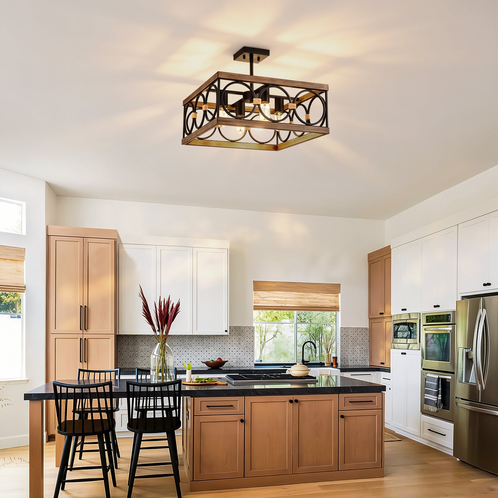 Wood and Black Metal 4-Light Square Ceiling Fixture for Restaurant Islands — view 5