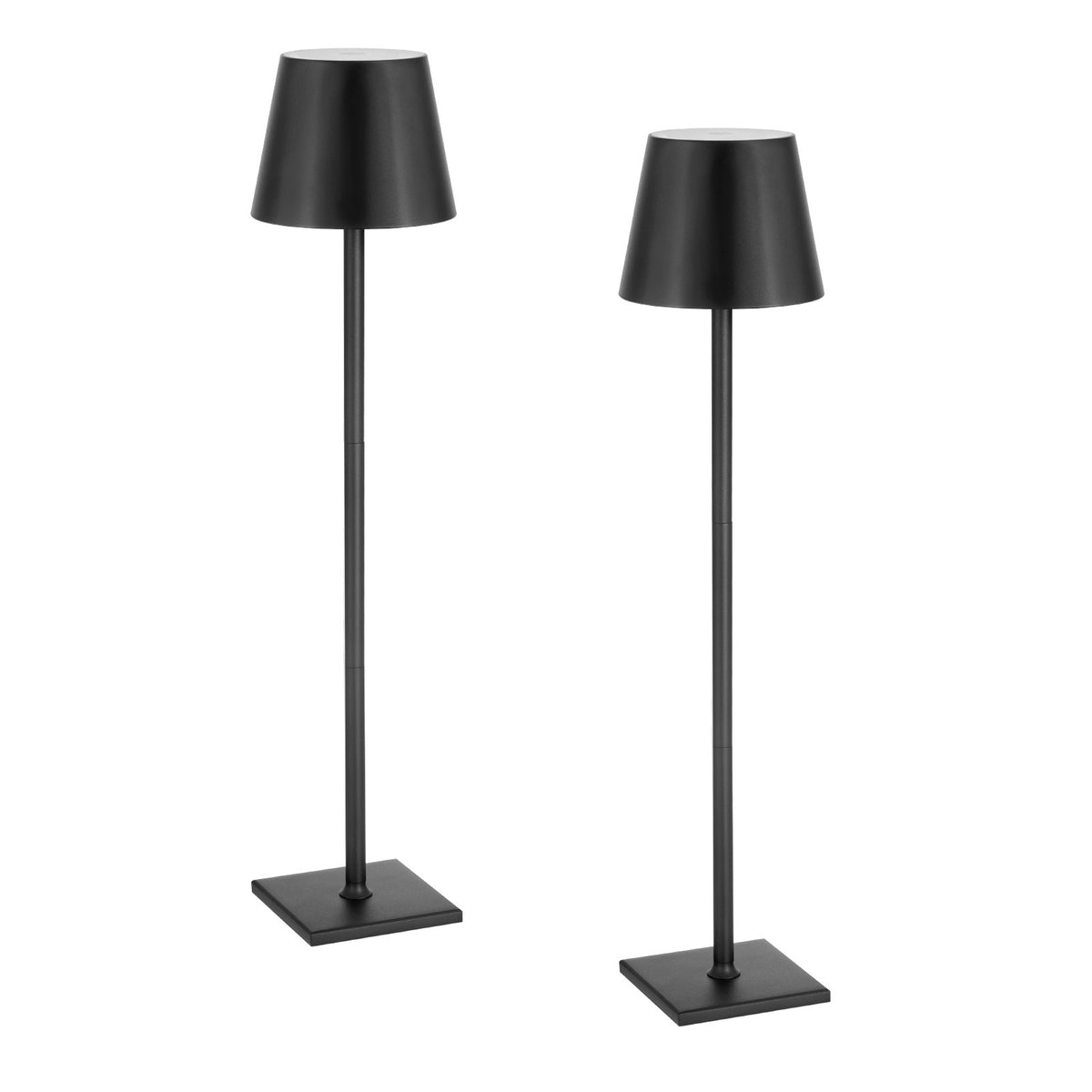 Two black cordless restaurant table lamps included in the set