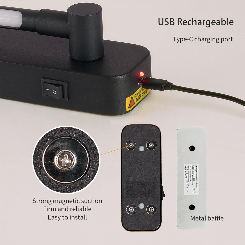 Black Rechargeable Magnetic 3CCT Picture Light for Restaurant Art Walls — view 2