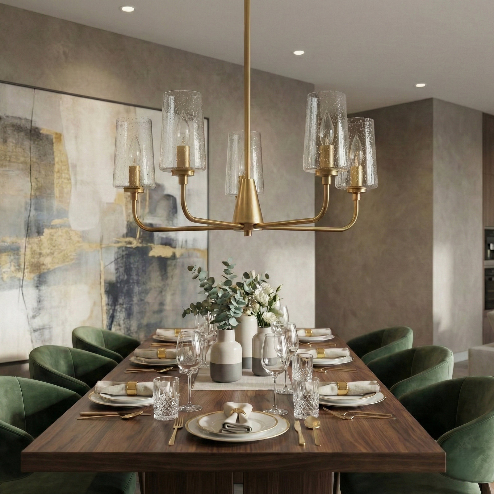 Satin Brass 5-Light Seeded Glass Chandelier for Restaurant Dining Areas — view 3