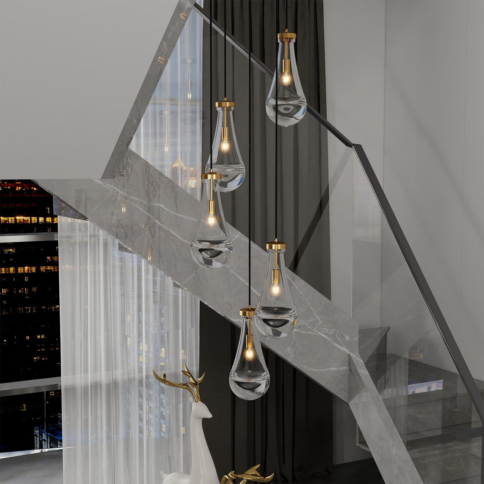 5-Light Brass Cluster Pendant Chandelier — Restaurant Dining — view 6