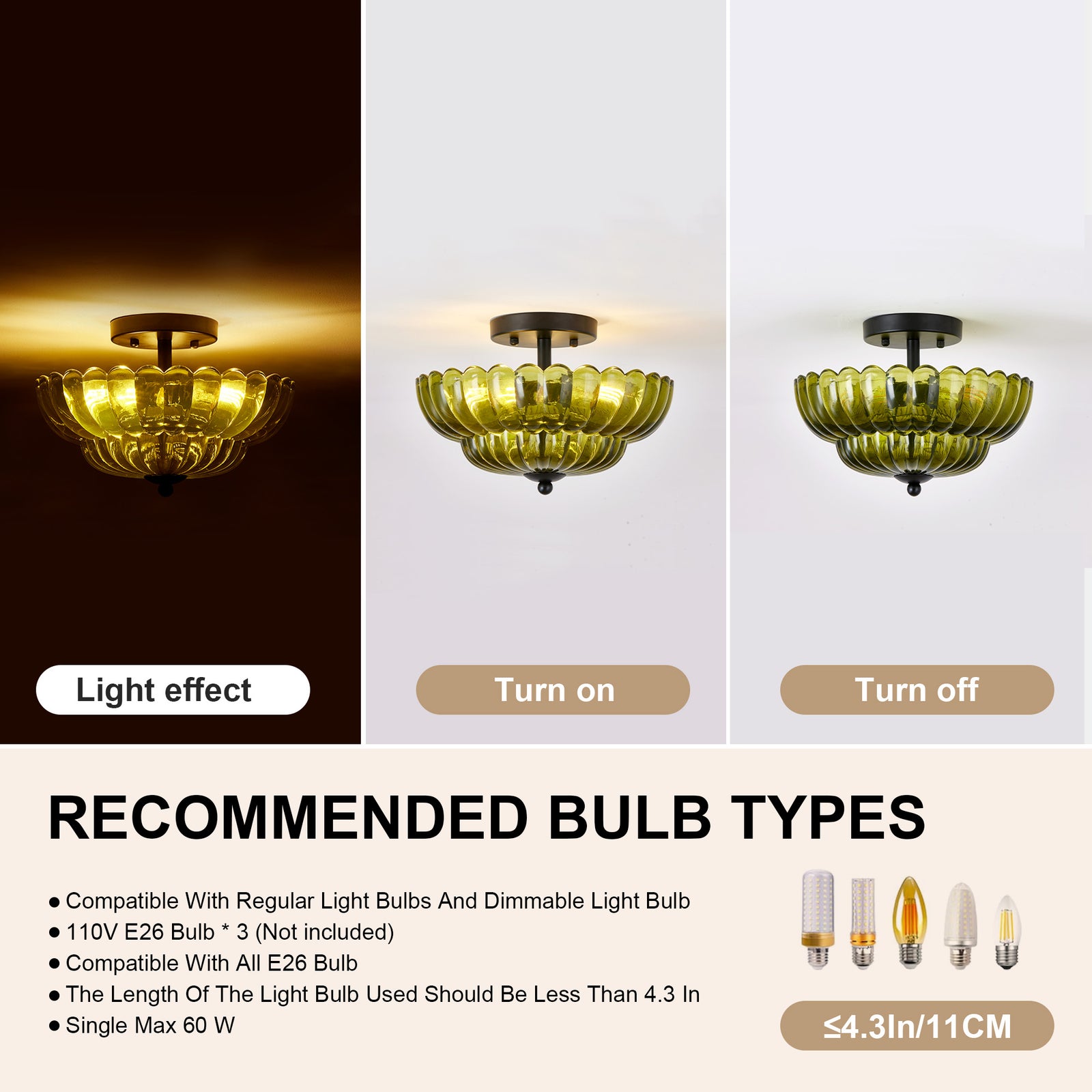 Green Glass 3-Bulb Semi-Flush Ceiling Light for Restaurant Dining Rooms — view 5