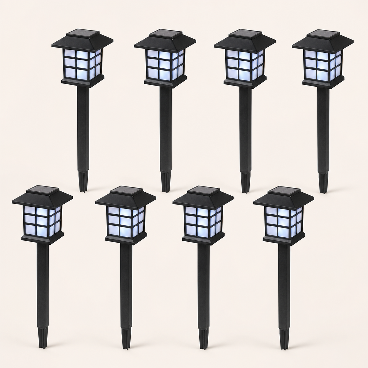 Resto Glow AI product image 2026-08-03 — clean background — 8-Piece White Solar Lantern Torch Lights — Restaurant Pathway
