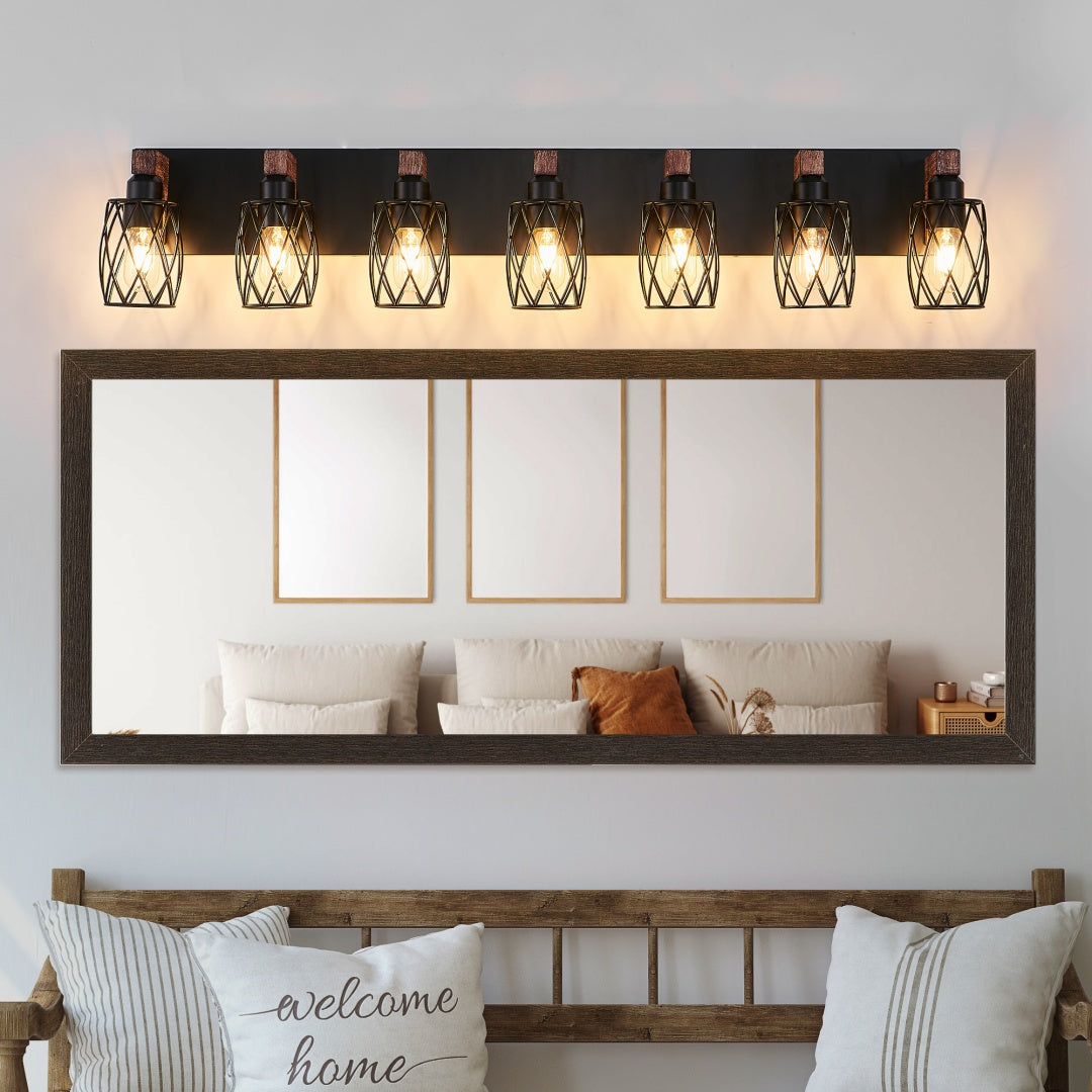 Black Cage 7-Light Wall Sconce with Wood Accents for Restaurant Hallways — view 7